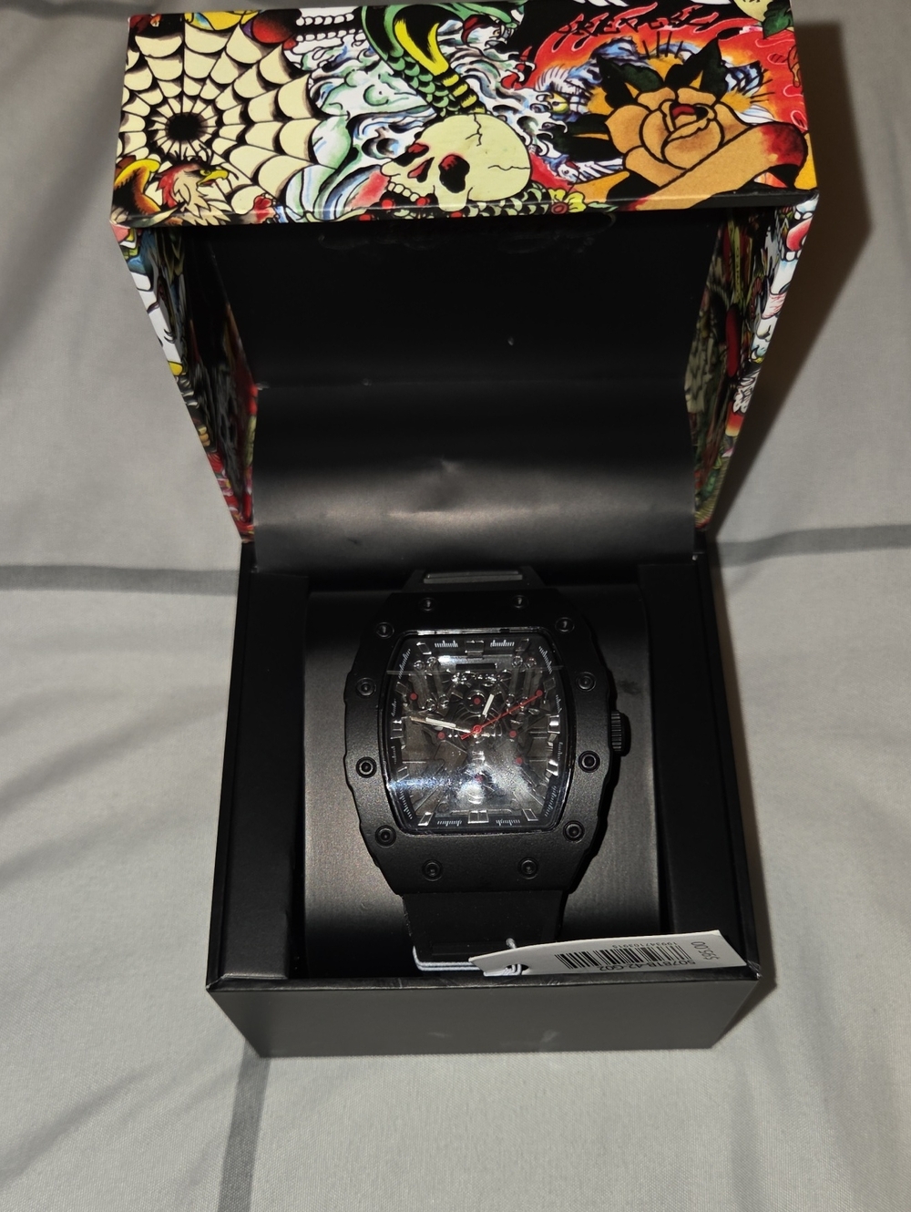 ED HARDY Men's Black Tonneau Watch with Black Silicone Strap